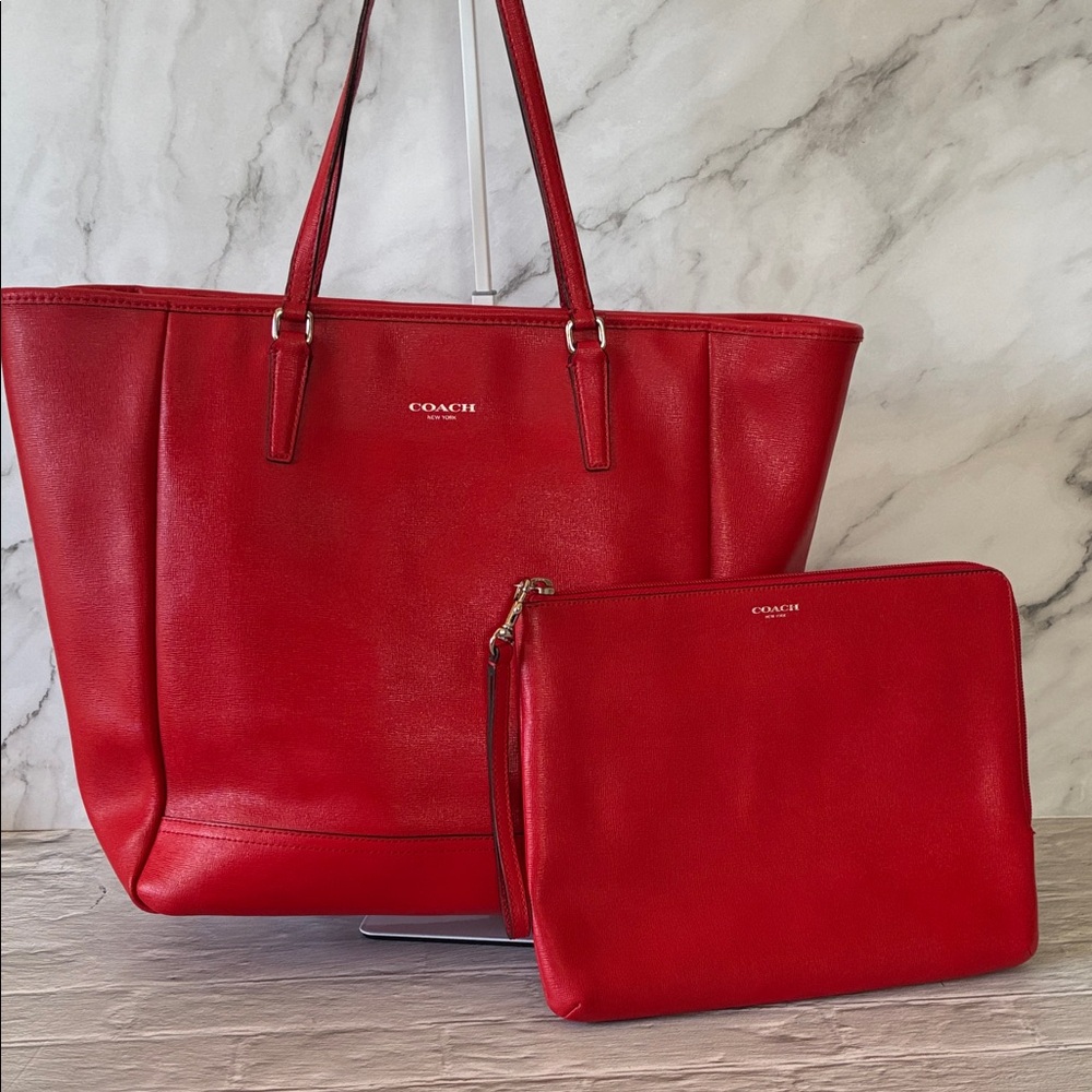 Coach Saffiano Red Leather City Tote With Matching Leather Tablet Sleeve